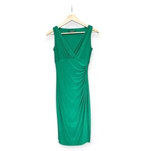 Women's Ralph Lauren Emerald Green Ruched Dress V Neck Sz 2 Stretch Spring Event